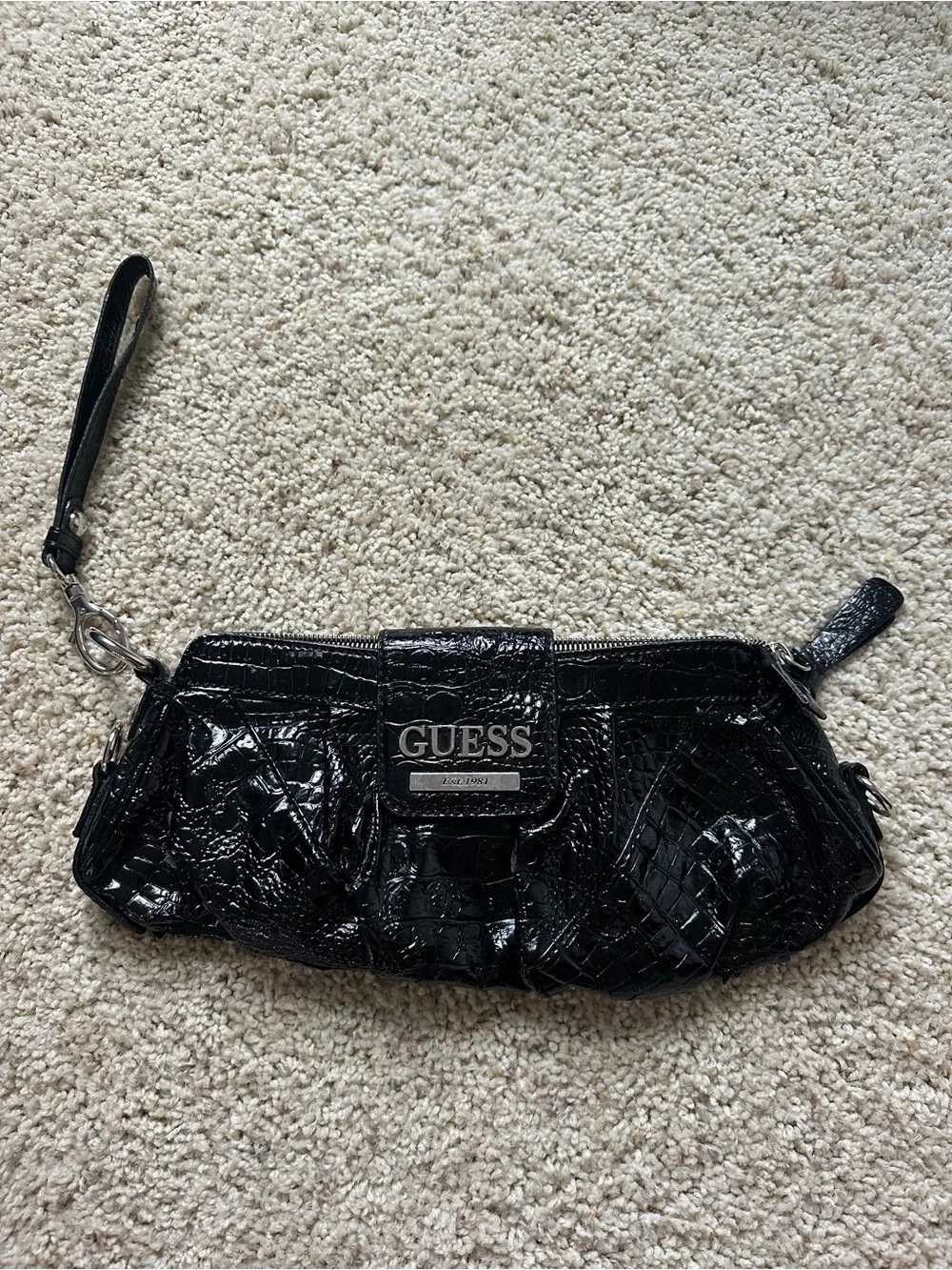 GUESS Black Patent Croc-Embossed Wristlet Clutch with Detachable Strap